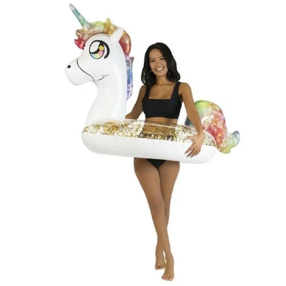 PoolCandy Inflatable Glitter Rainbow Unicorn Pool Tube Float 42 Inch